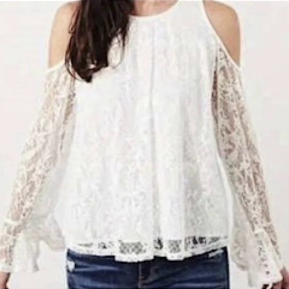 Hollister  Cream White Lace Cold Shoulder Coquette Bell Long Sleeve Top S
NWOT